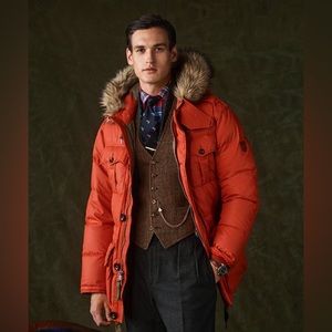 Polo Ralph Lauren LG Faux Fur Hooded Duck Down Parka Outdoor Orange Jacket